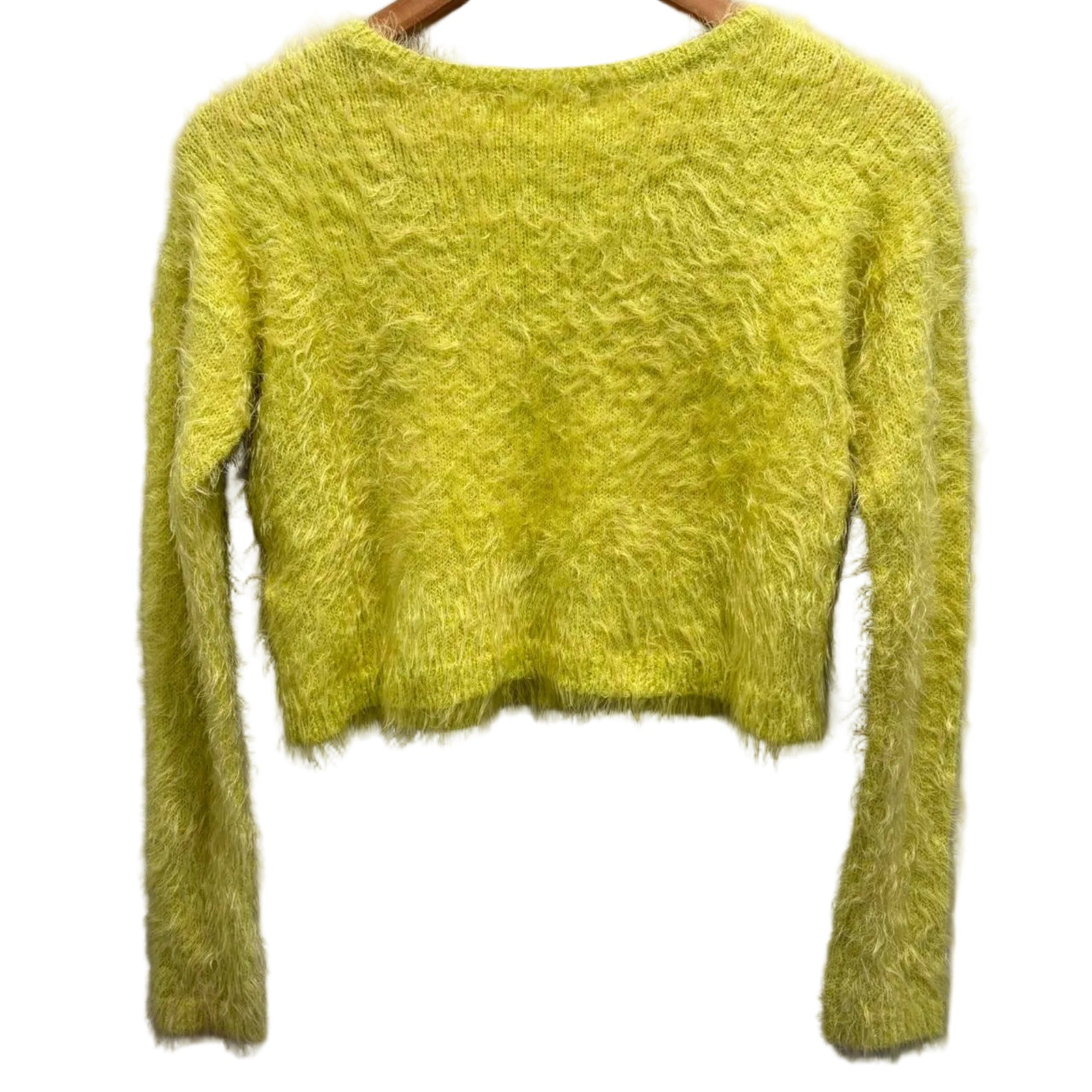 Neon yellow-green fuzzy sweater on a hanger against a white background.