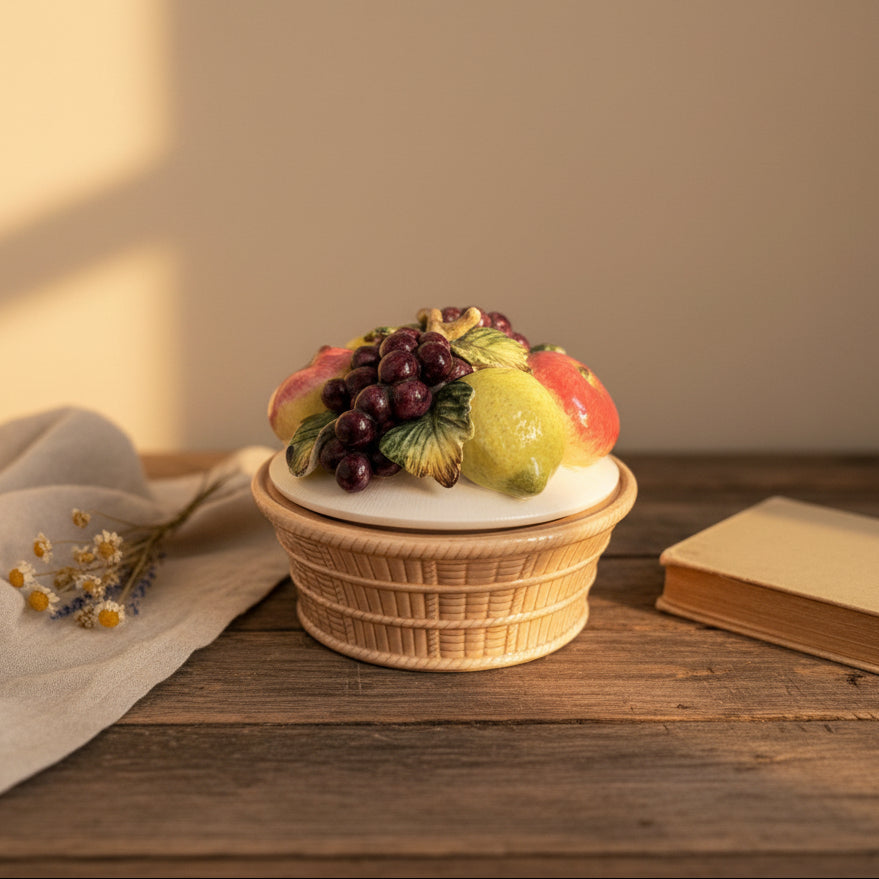 Decorative fruit basket on a wooden surface with a plain cottage-inspired background