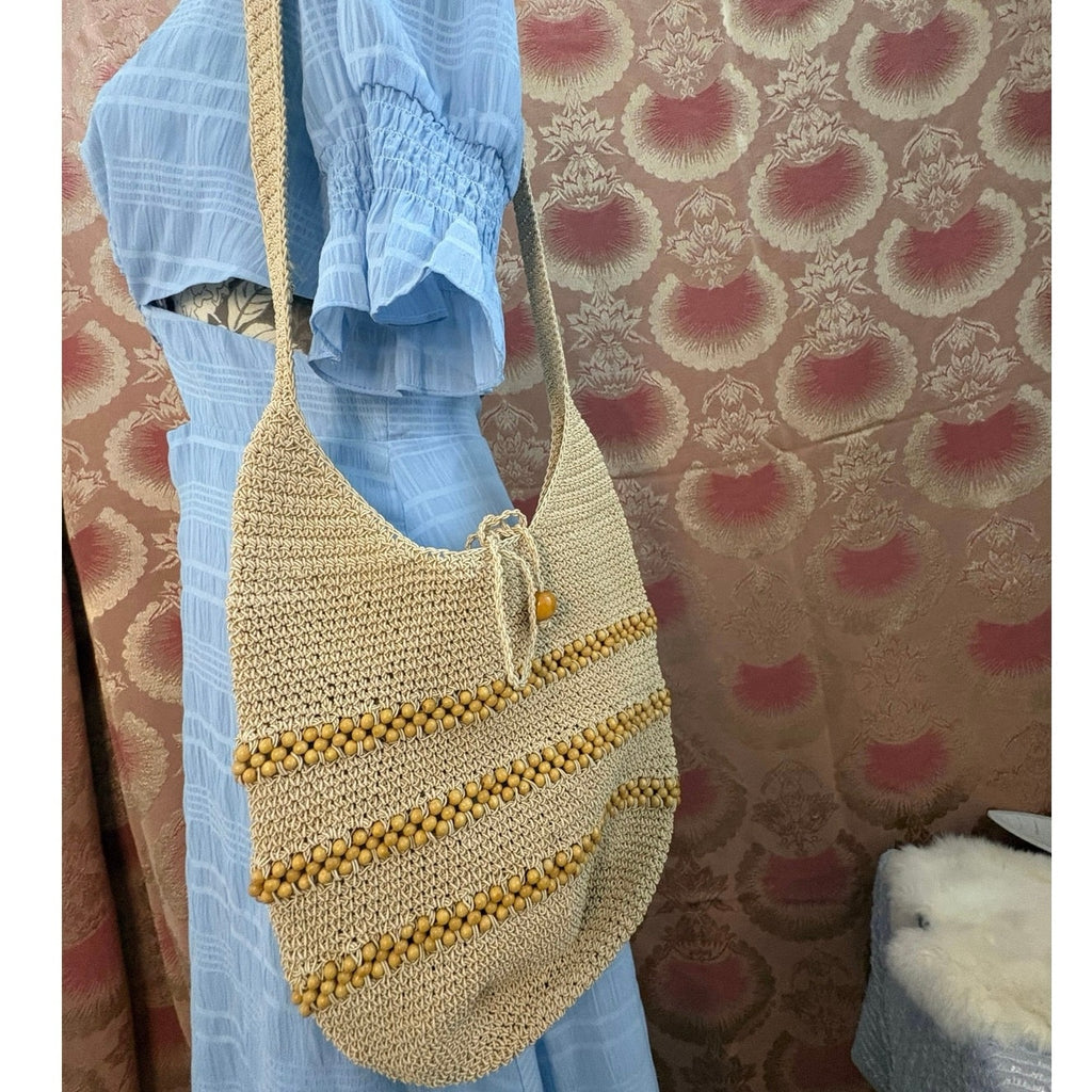 Vintage 70s Lillie Rubin Crochet Beaded Hobo Bag Boho Beach Tote