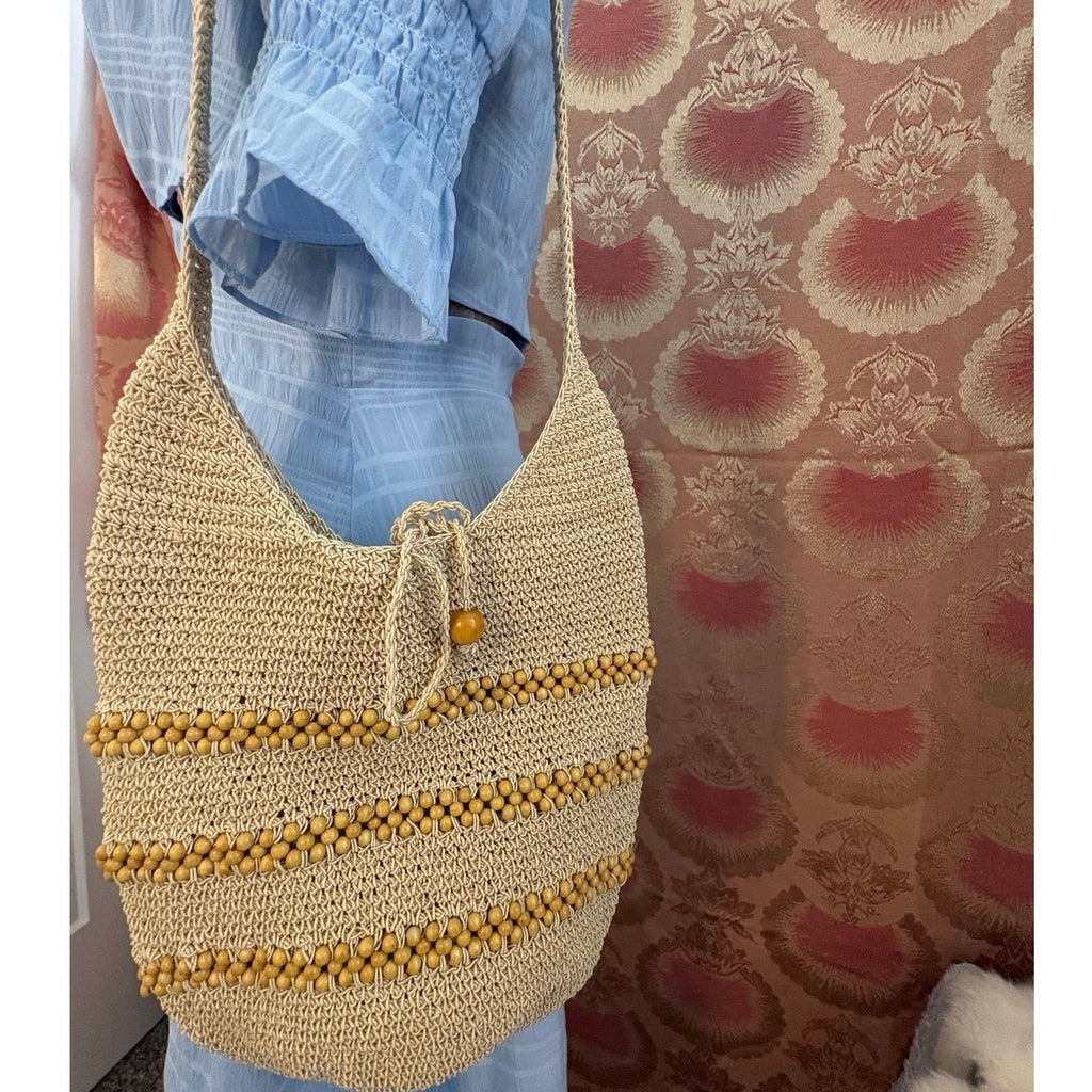 Vintage 70s Lillie Rubin Crochet Beaded Hobo Bag Boho Beach Tote