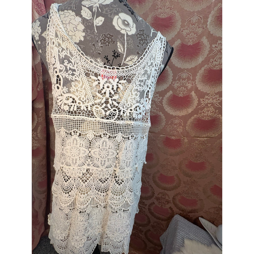 Free People Crochet Lace Tunic Top – Ivory Boho Mini Dress Cover Up