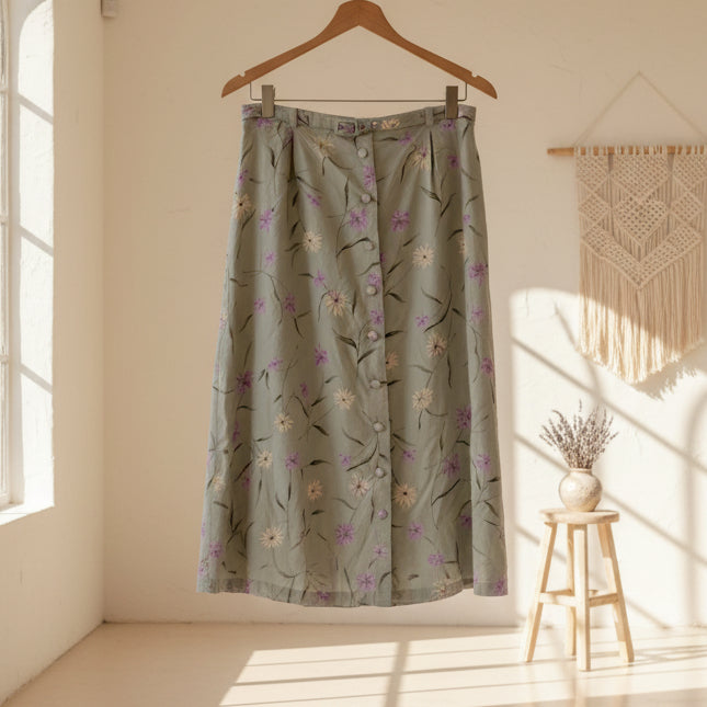 Floral patterned maxi skirt with buttons.