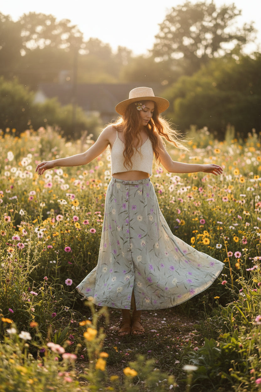 Floral-patterned long maxi skirt on a model in a garden of wildflowers