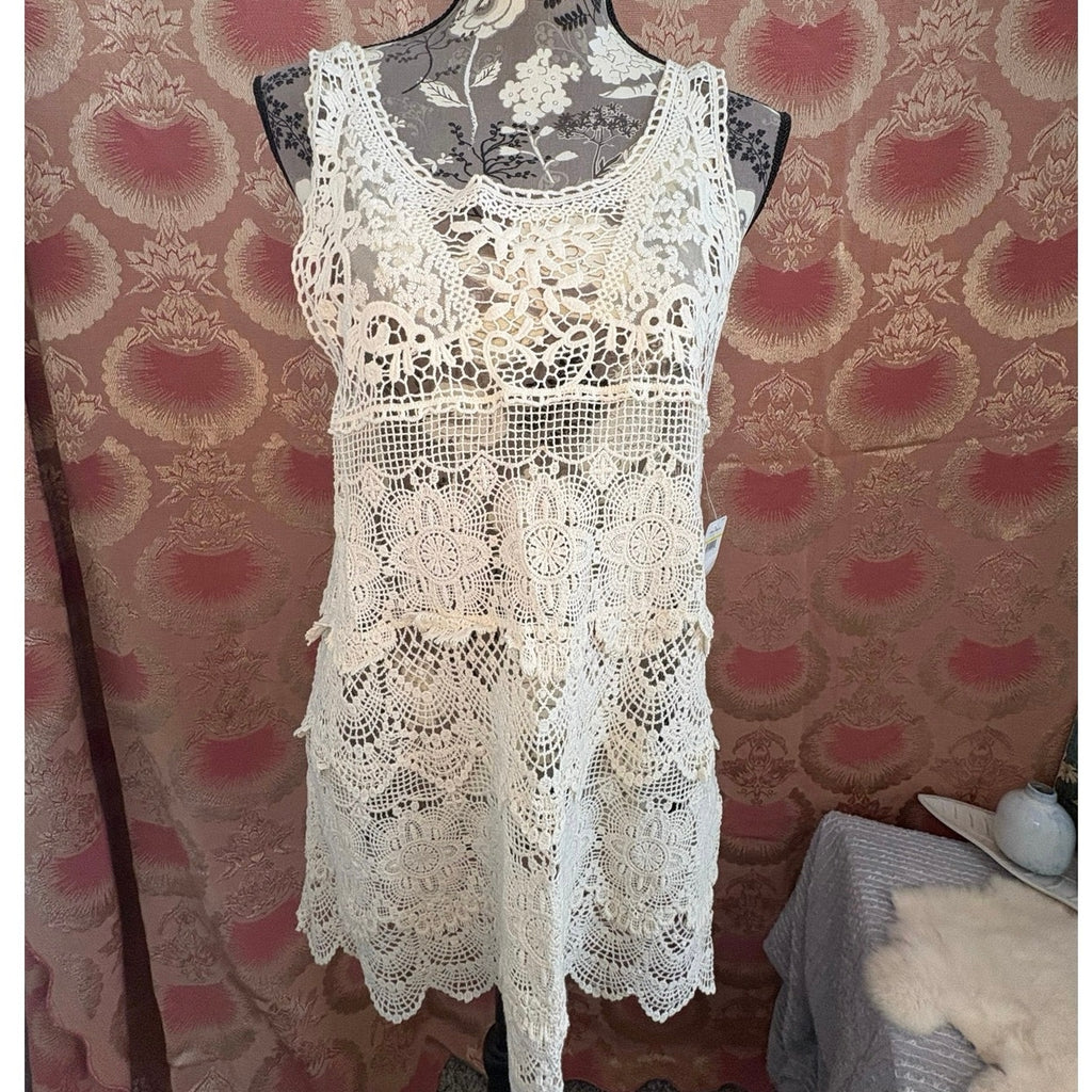 Free People Crochet Lace Tunic Top – Ivory Boho Mini Dress Cover Up