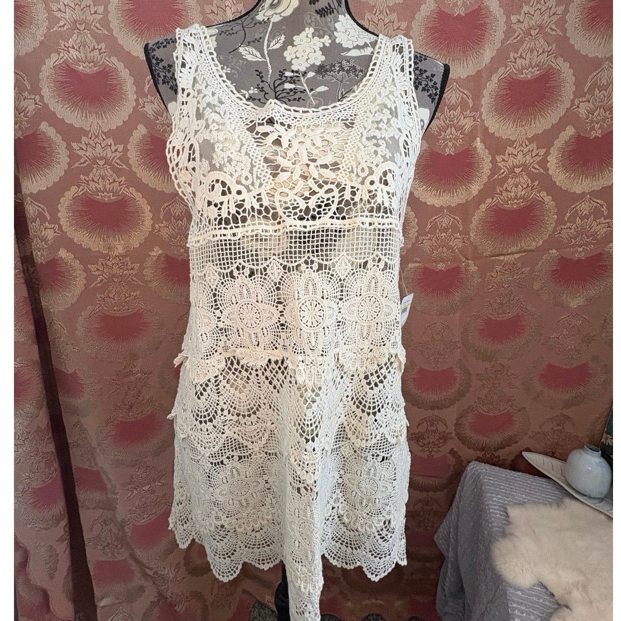 Free People Crochet Lace Tunic Top – Ivory Boho Mini Dress Cover Up