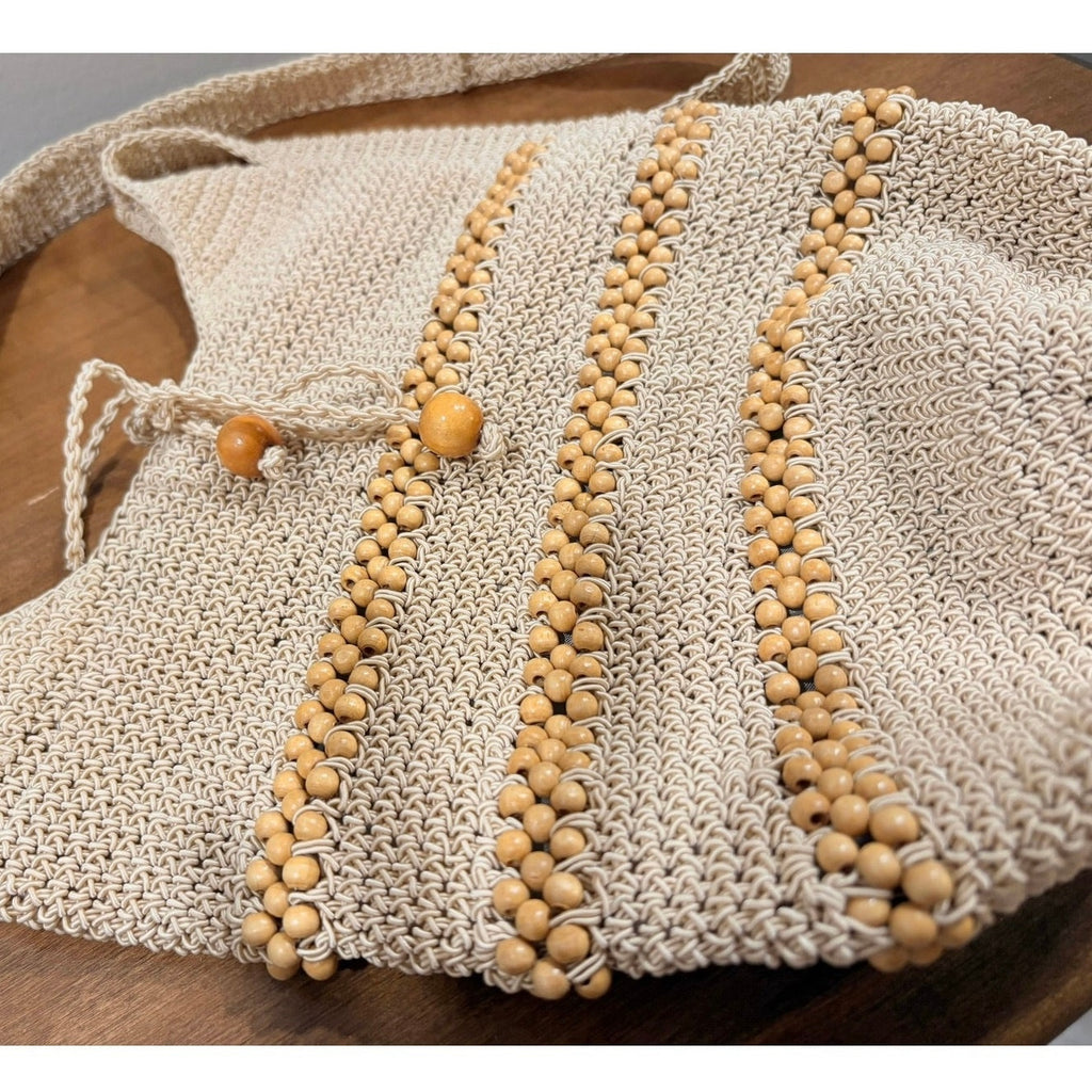 Vintage 70s Lillie Rubin Crochet Beaded Hobo Bag Boho Beach Tote