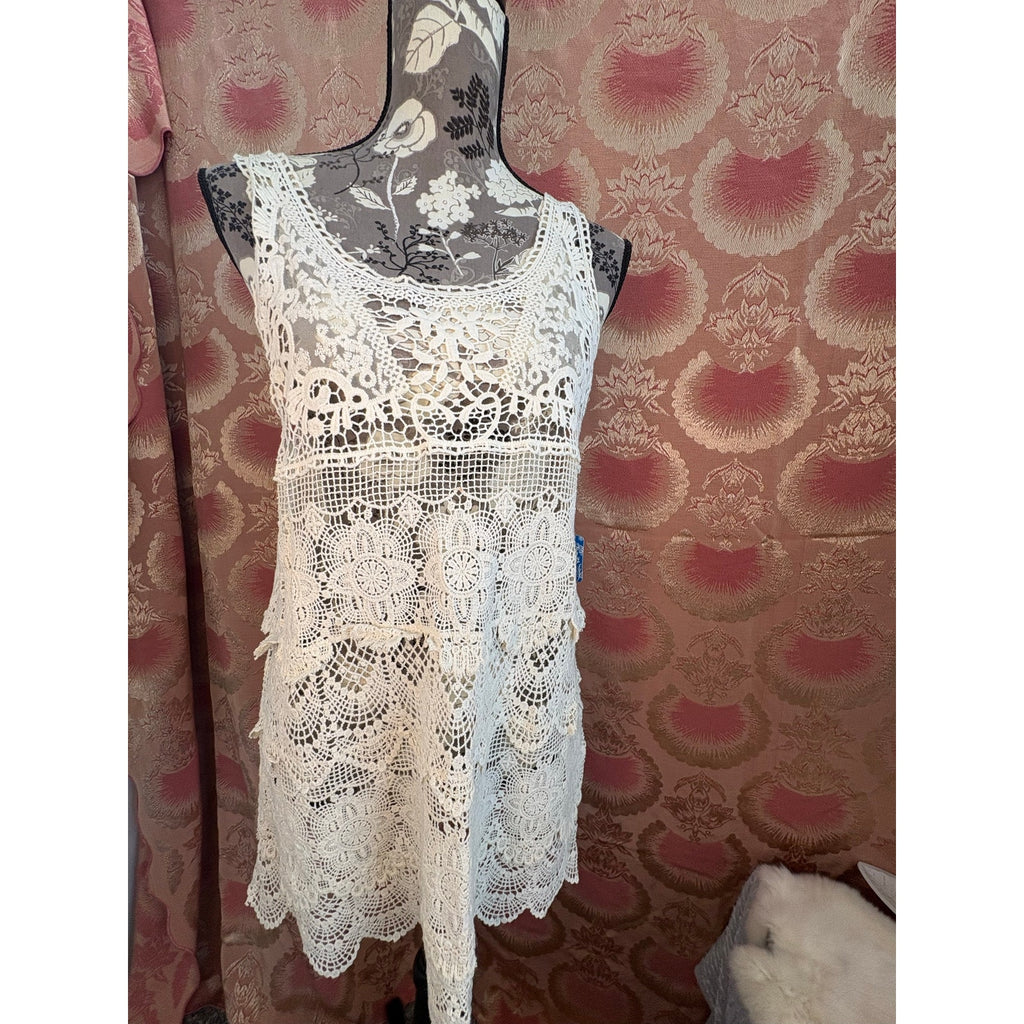 Free People Crochet Lace Tunic Top – Ivory Boho Mini Dress Cover Up