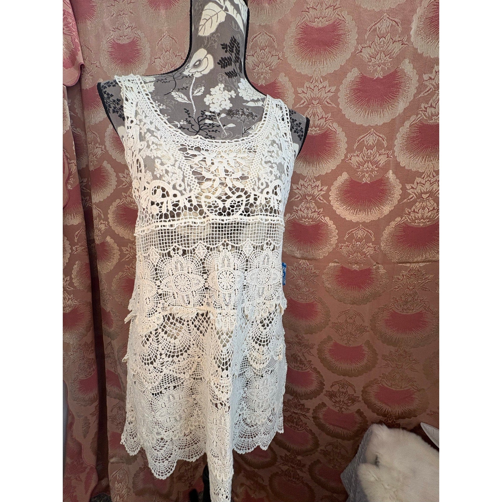 Free People Crochet Lace Tunic Top – Ivory Boho Mini Dress Cover Up