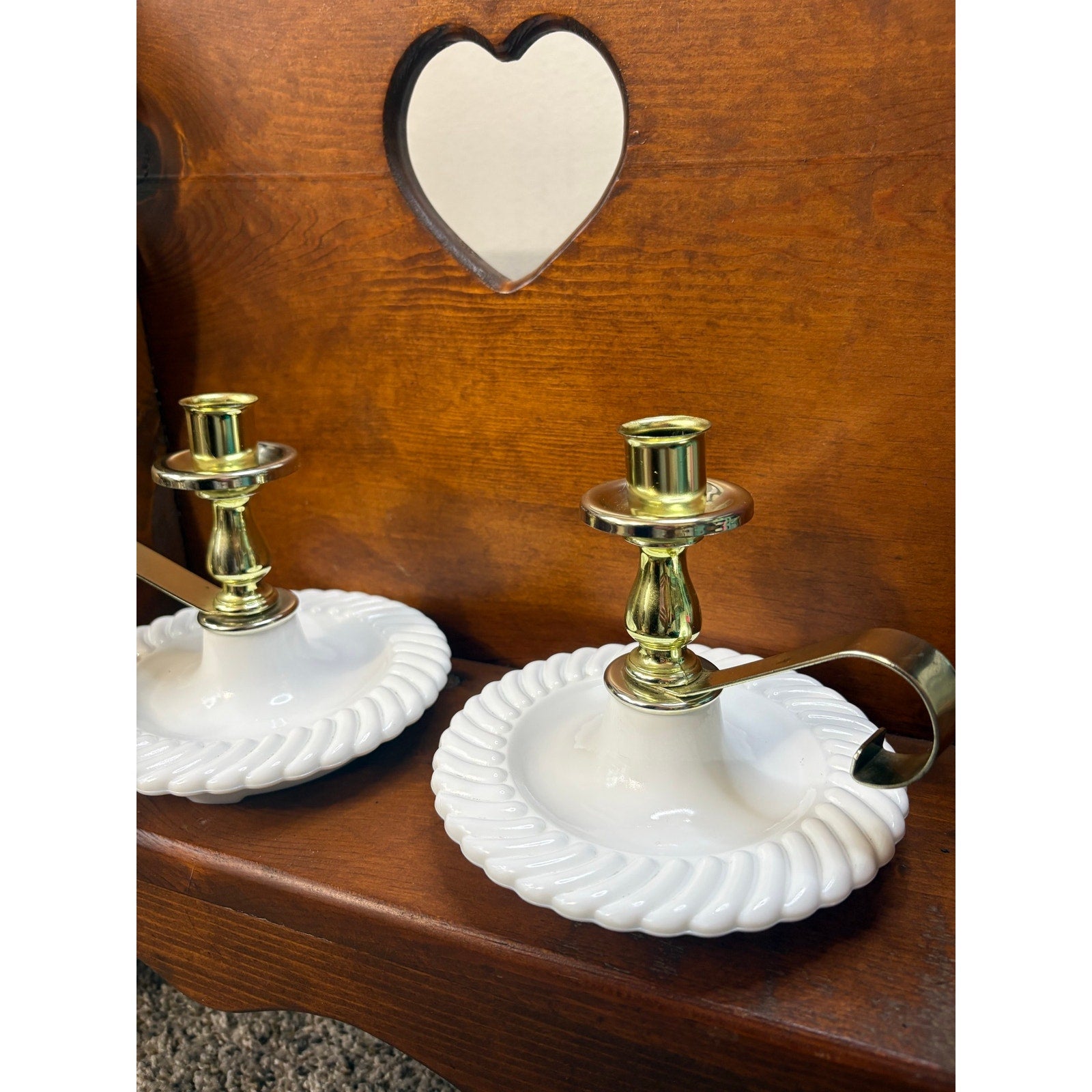 The Moonlit Heirloom Milk Glass Chamberstick Candle Holders, Vintage 1950s