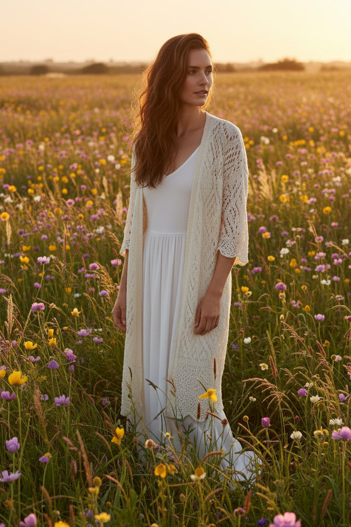 Boho inspired cream colored crochet cardigan on a model in a field of wildflowers