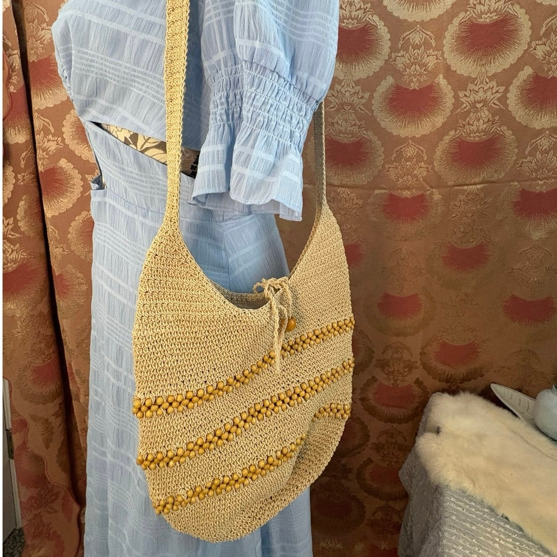 Vintage 70s Lillie Rubin Crochet Beaded Hobo Bag Boho Beach Tote