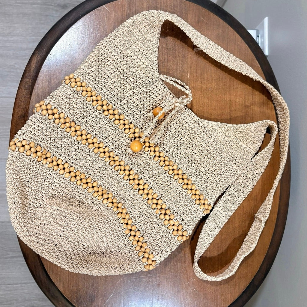 Vintage 70s Lillie Rubin Crochet Beaded Hobo Bag Boho Beach Tote