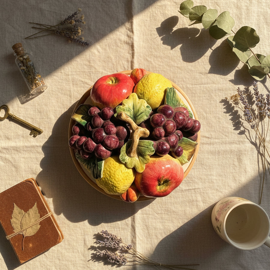 Photo from above of  decorative fruit basket with ceramic fruits on a linen covered table