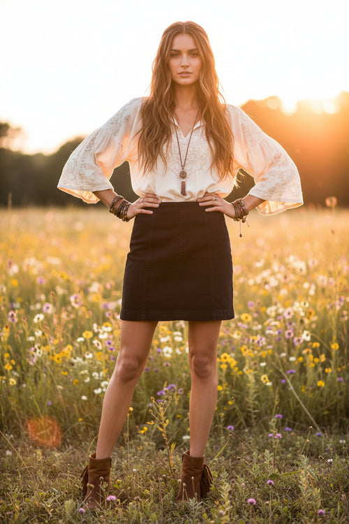 Bohemian inspired model wearing a black denim skirt in a field