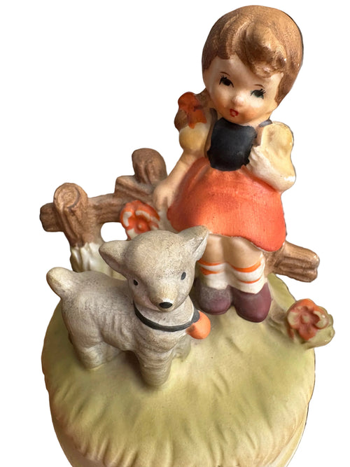 Second Wing Studio Vintage Sankyo Japan Ceramic Music Box, Girl with Lamb, Cottagecore Nursery - Music Boxes Home Decor - Figurines