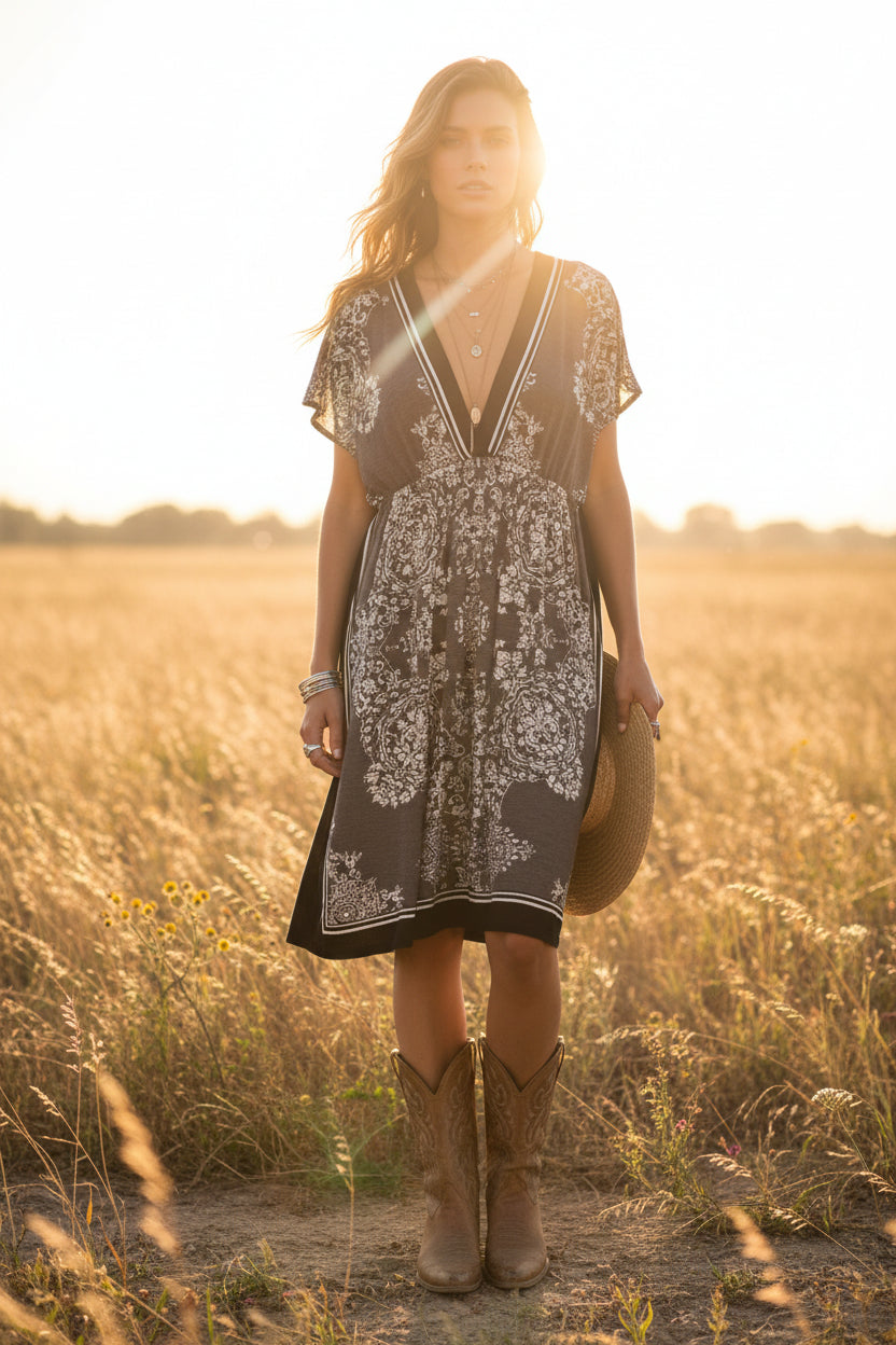 Black and white patterned dress on a model, bohemian aesthetic
