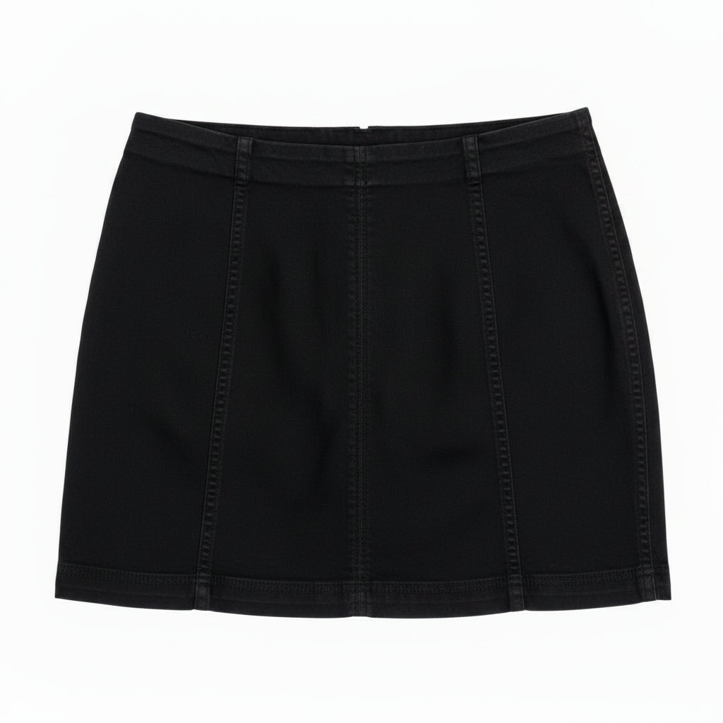 Black denim stretch mini skirt on a white background
