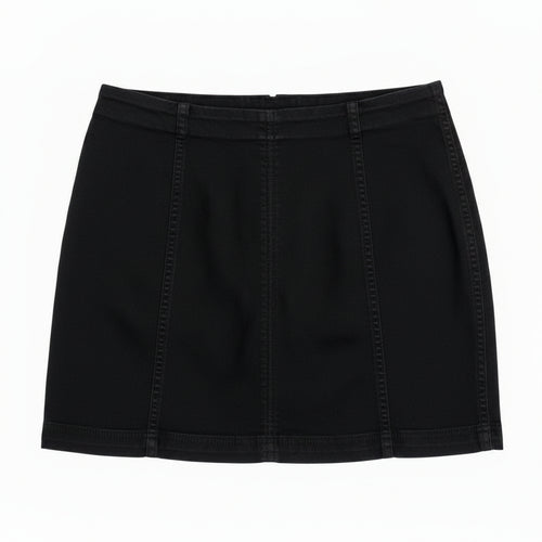 Black denim stretch mini skirt on a white background