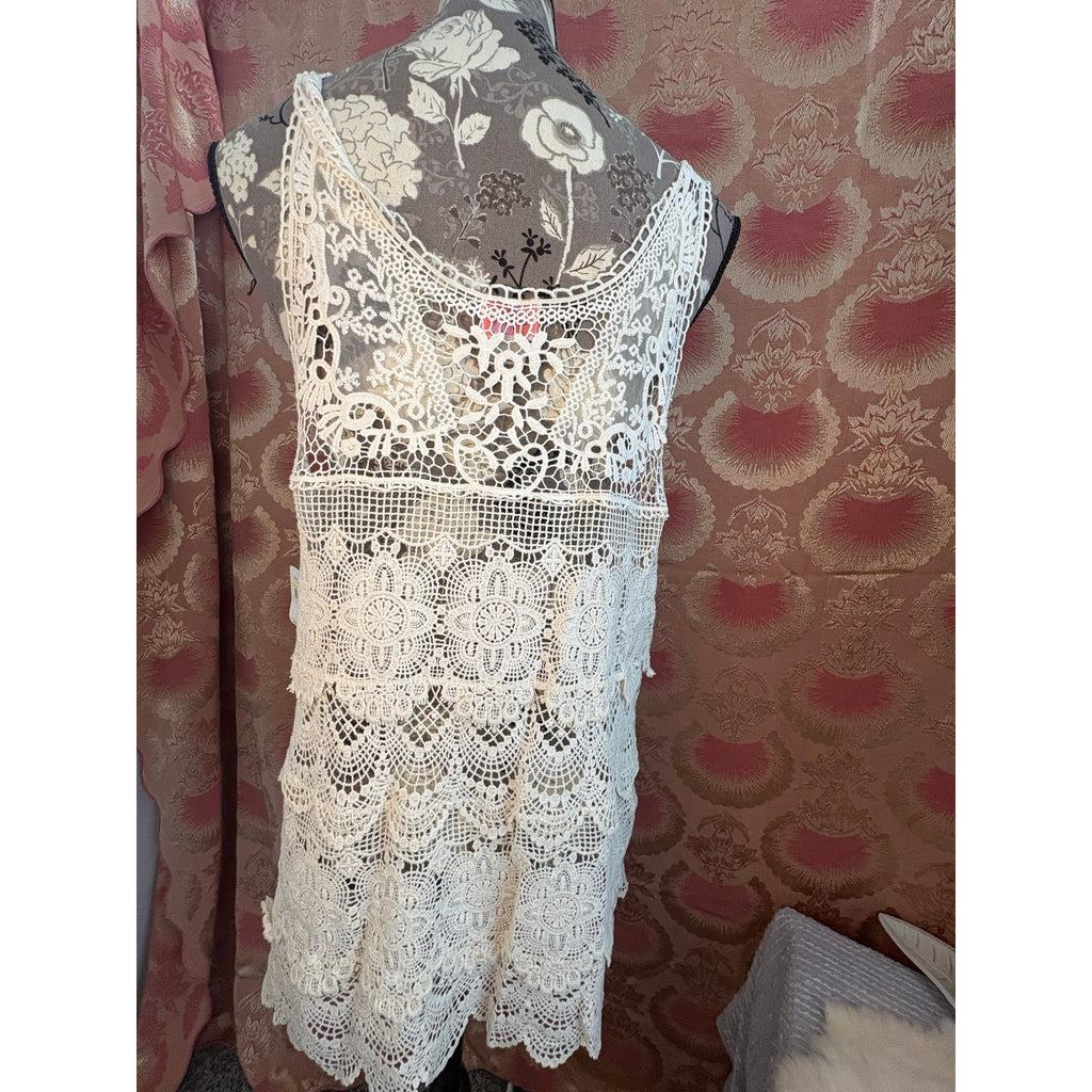 Free People Crochet Lace Tunic Top – Ivory Boho Mini Dress Cover Up