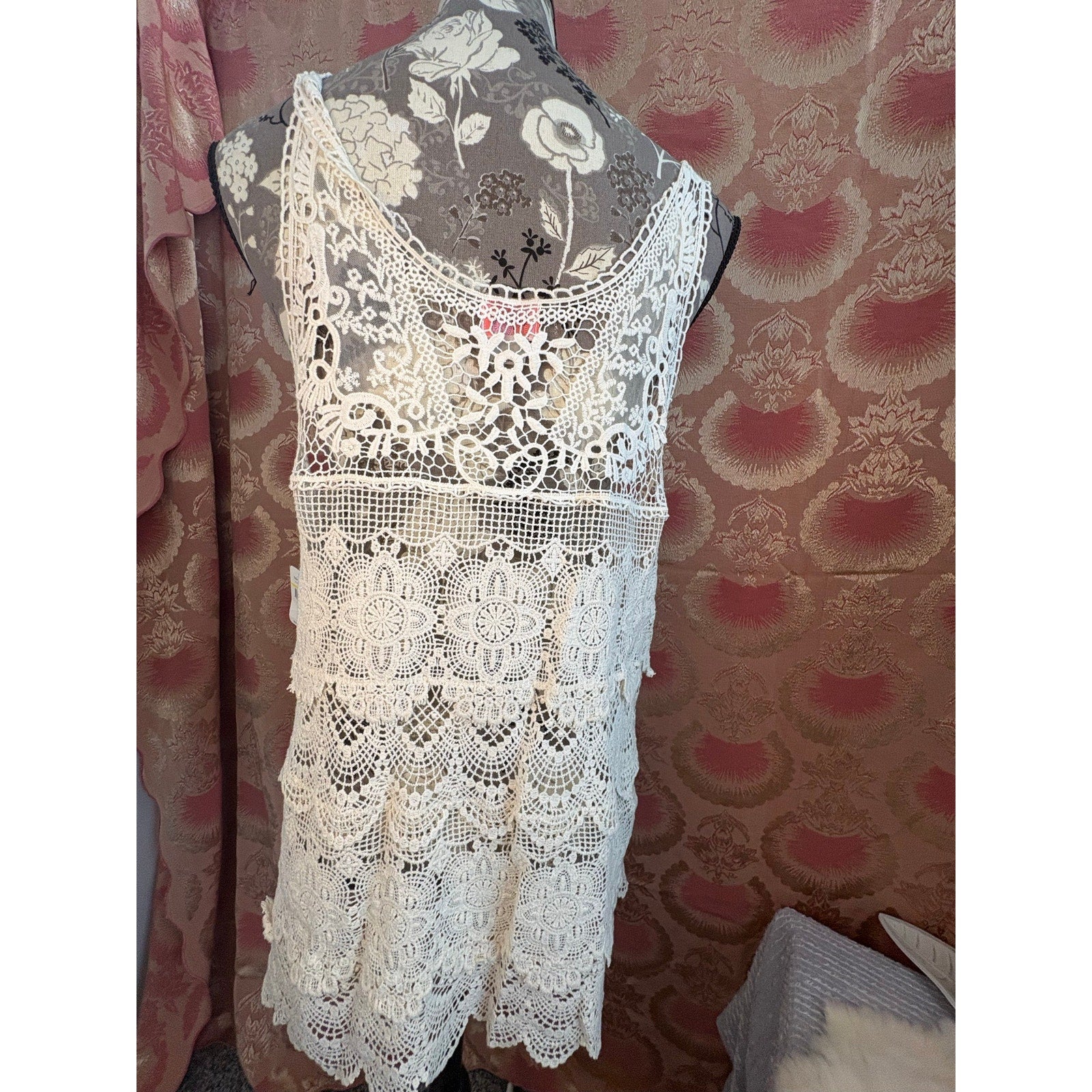 Free People Crochet Lace Tunic Top – Ivory Boho Mini Dress Cover Up