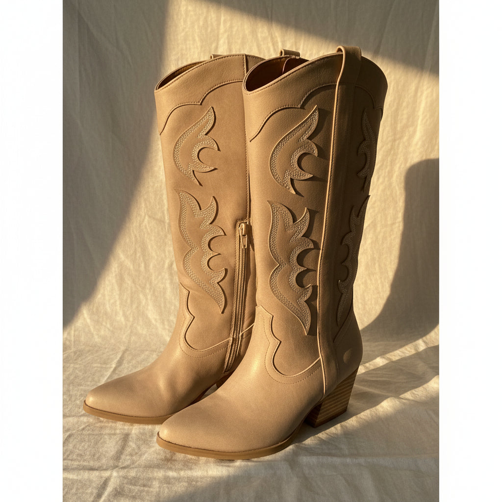 Pair of taupe western cowboy boots with intricate embroidered designs on a linen surface.