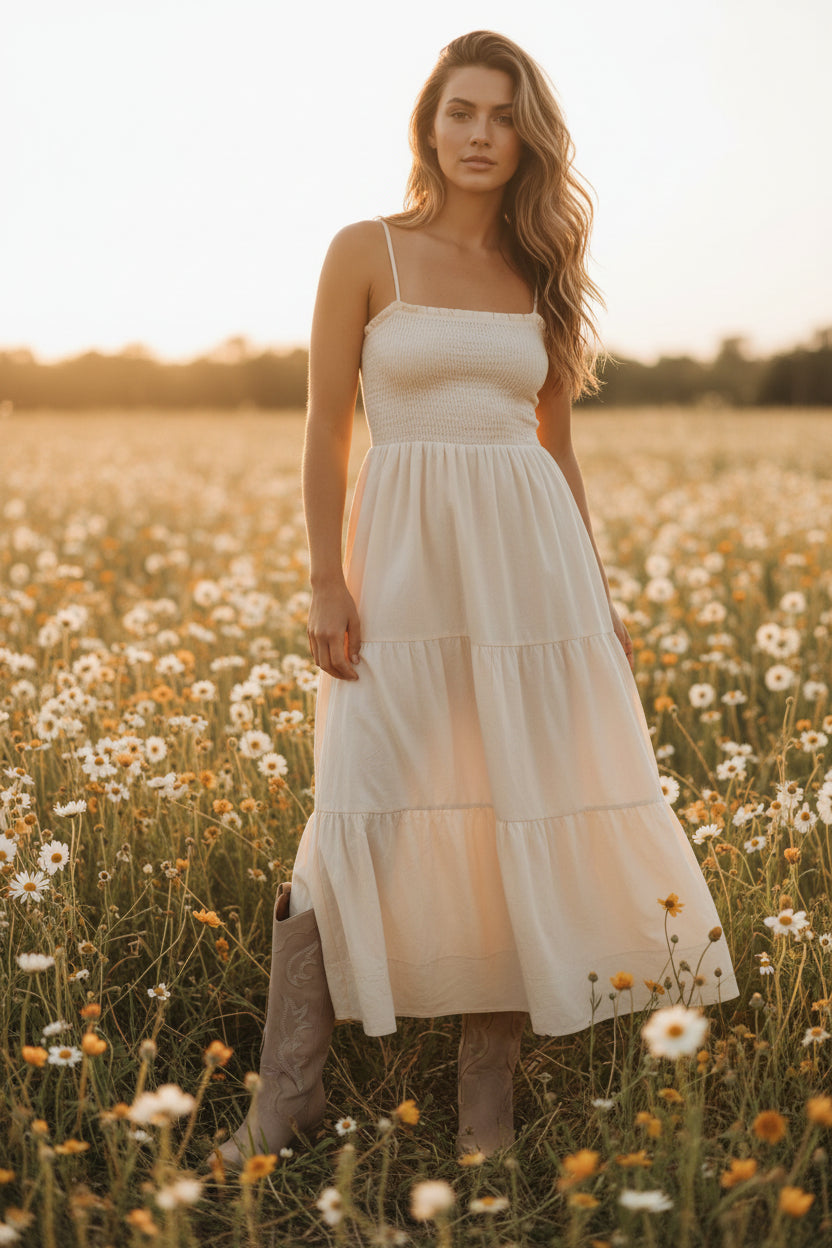 A bohemian photo of a female model in a field of wildflowers, wearing a pair of taupe cowboy boots with a detailed embroidered design.