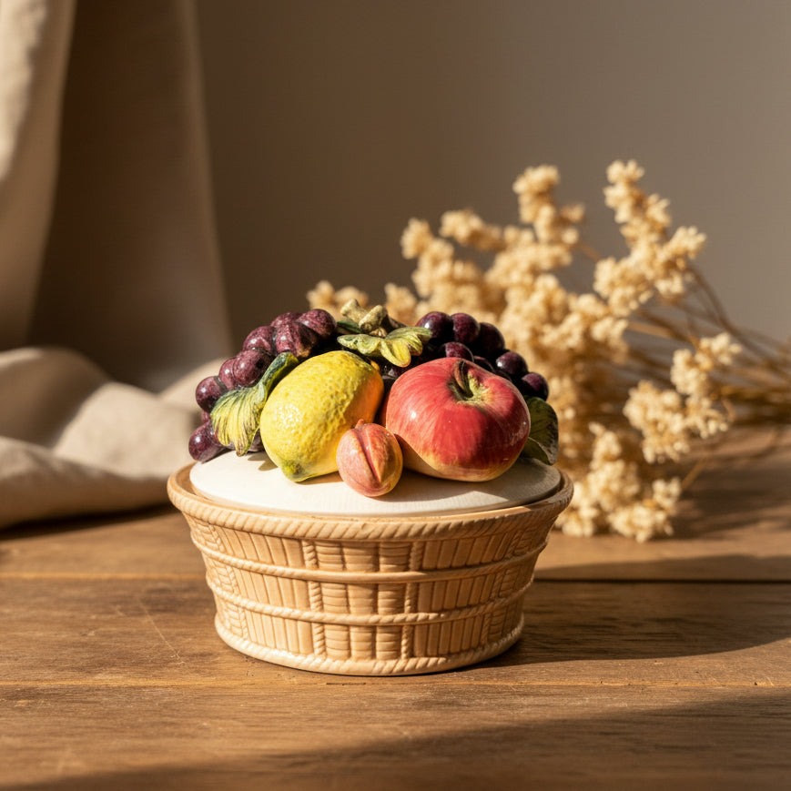 Decorative ceramic fruit basket on a wooden surface with a neutral, sunlit background