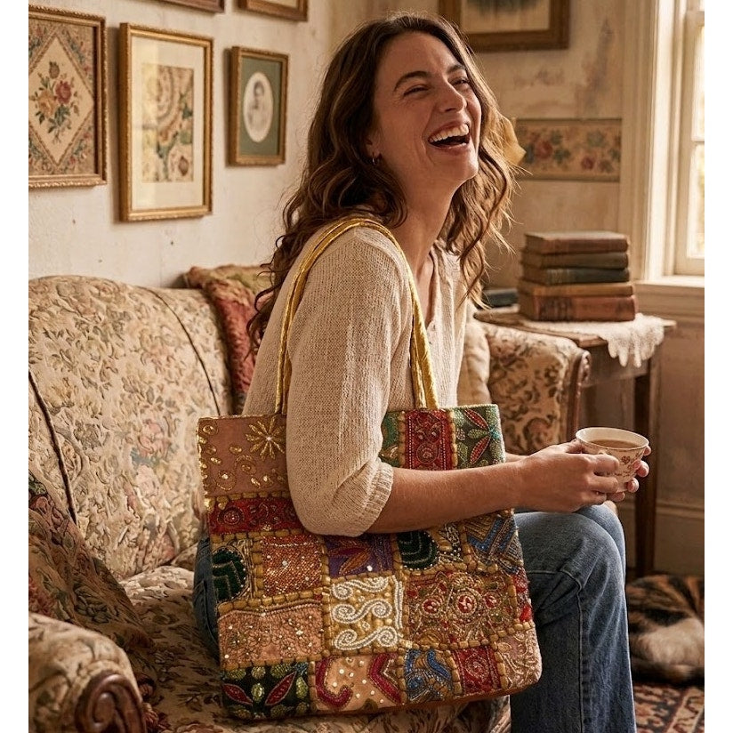 The Kaleidoscope Tote- Vintage Indian Banjara Beaded Patchwork Bag