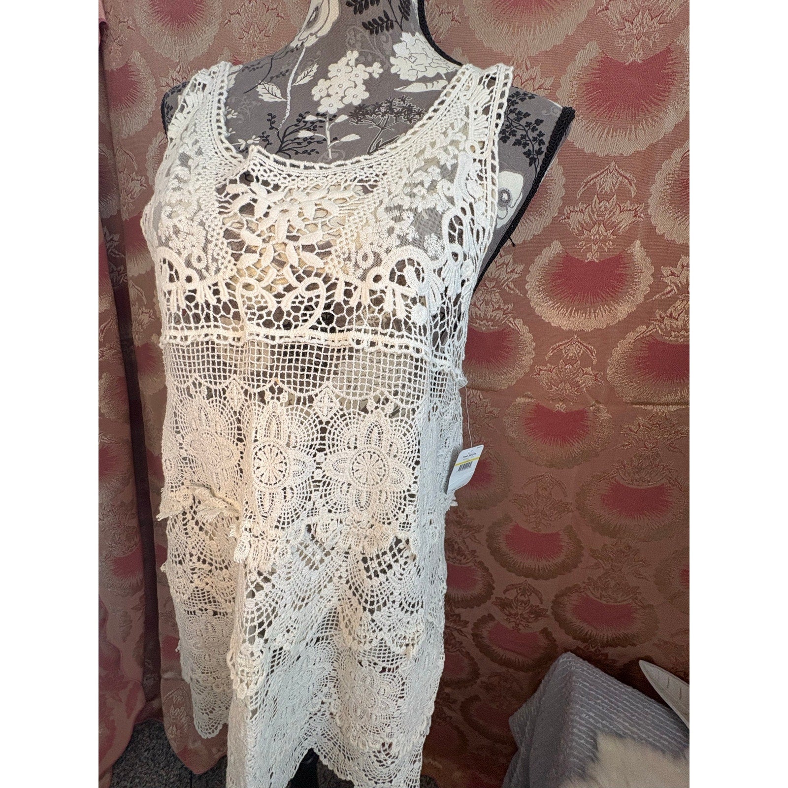 Free People Crochet Lace Tunic Top – Ivory Boho Mini Dress Cover Up