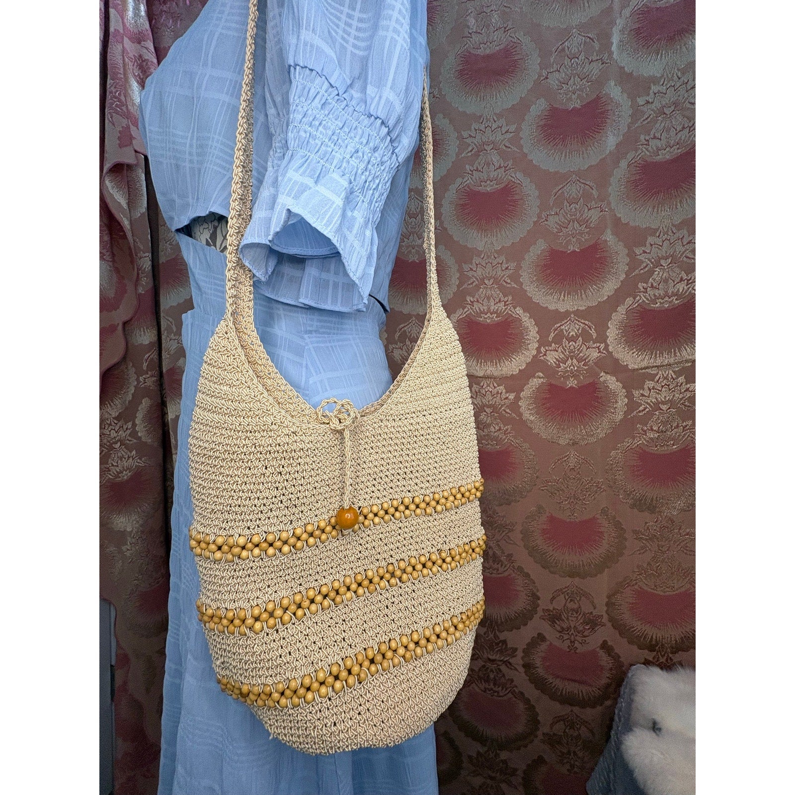 Vintage 70s Lillie Rubin Crochet Beaded Hobo Bag Boho Beach Tote