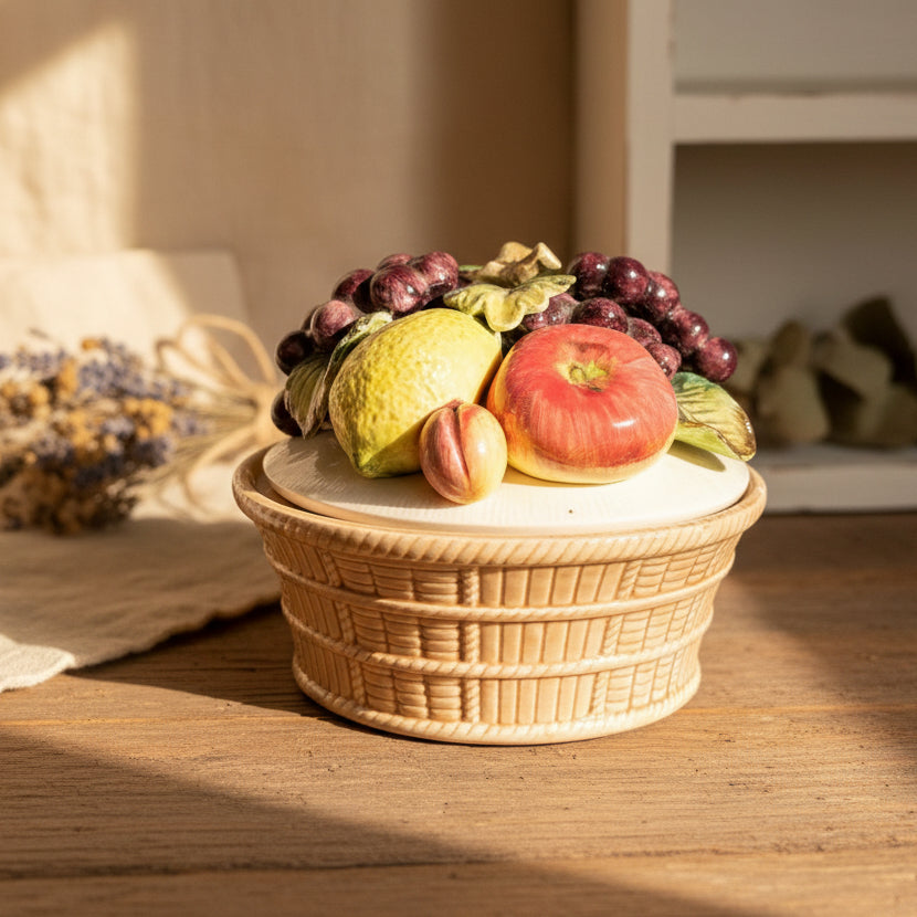Decorative fruit basket on a wooden table with a plain cottage-aesthetic background