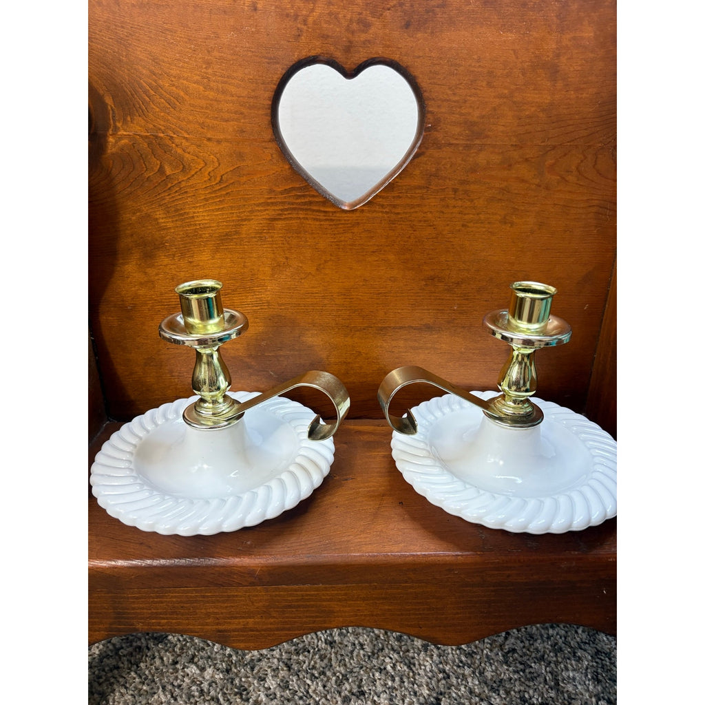 The Moonlit Heirloom Milk Glass Chamberstick Candle Holders, Vintage 1950s
