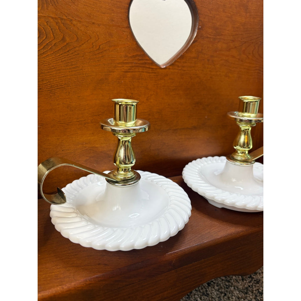 The Moonlit Heirloom Milk Glass Chamberstick Candle Holders, Vintage 1950s