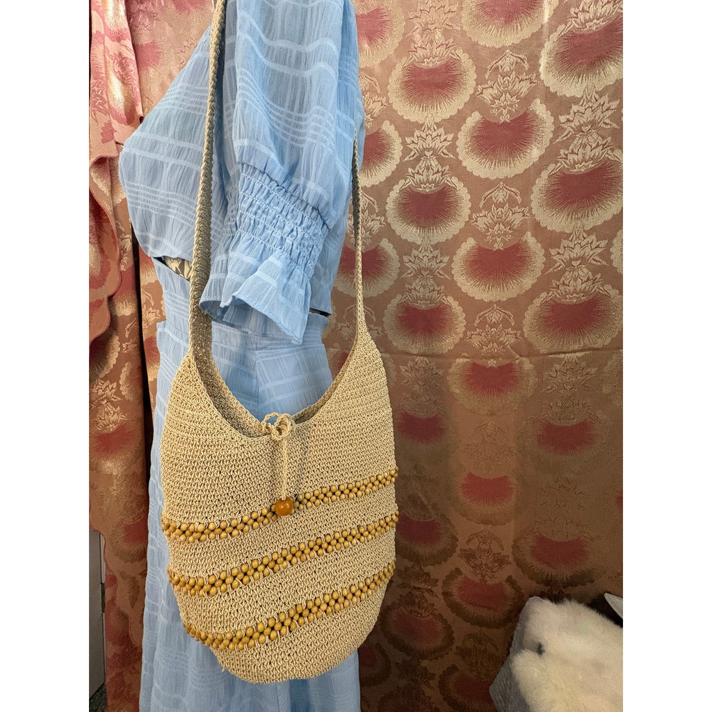 Vintage 70s Lillie Rubin Crochet Beaded Hobo Bag Boho Beach Tote