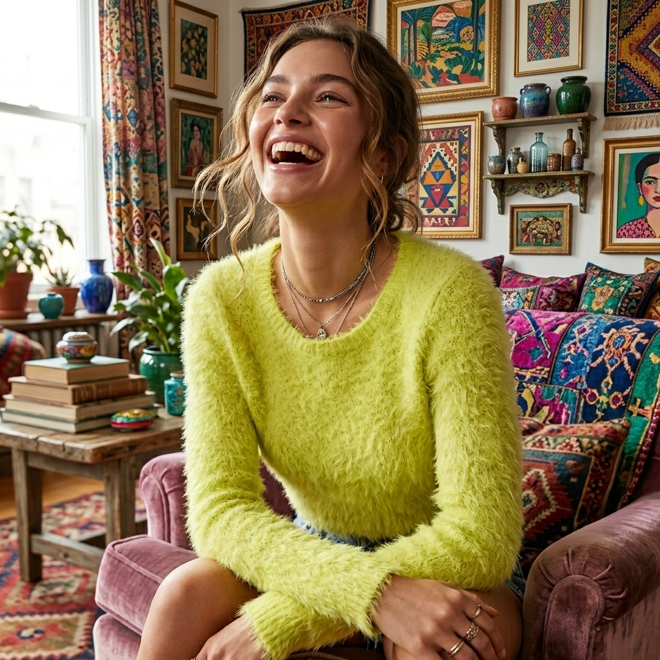 Woman in a bright green sweater sitting on a colorful couch in a room with decorative maximallist wall art and furniture.
