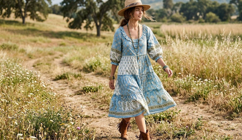 Boho inspired boutique photo of a woman in a blue dress and hat walking through a field
