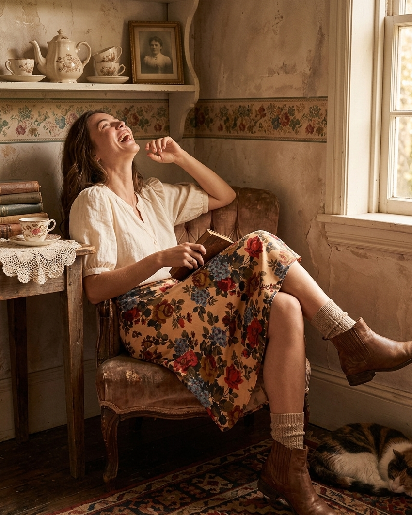 Woman sitting in a chair reading a book in a cozy, vintage-style cottage