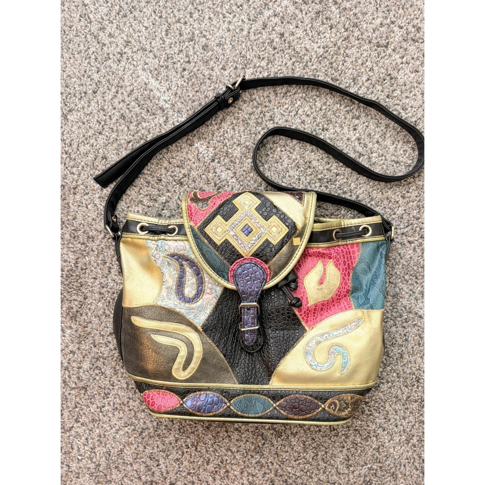 1980s Vintage NAS Bucket Bag: Leather Patchwork Crossbody Bag