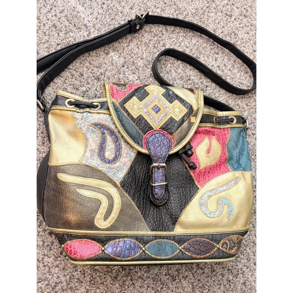 1980s Vintage NAS Bucket Bag: Leather Patchwork Crossbody Bag