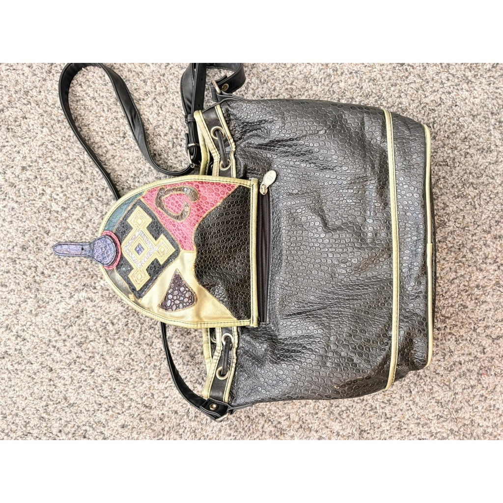 1980s Vintage NAS Bucket Bag: Leather Patchwork Crossbody Bag