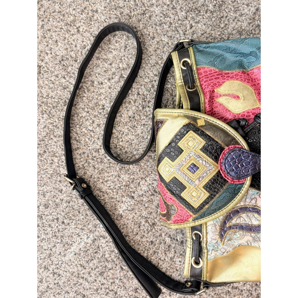 1980s Vintage NAS Bucket Bag: Leather Patchwork Crossbody Bag
