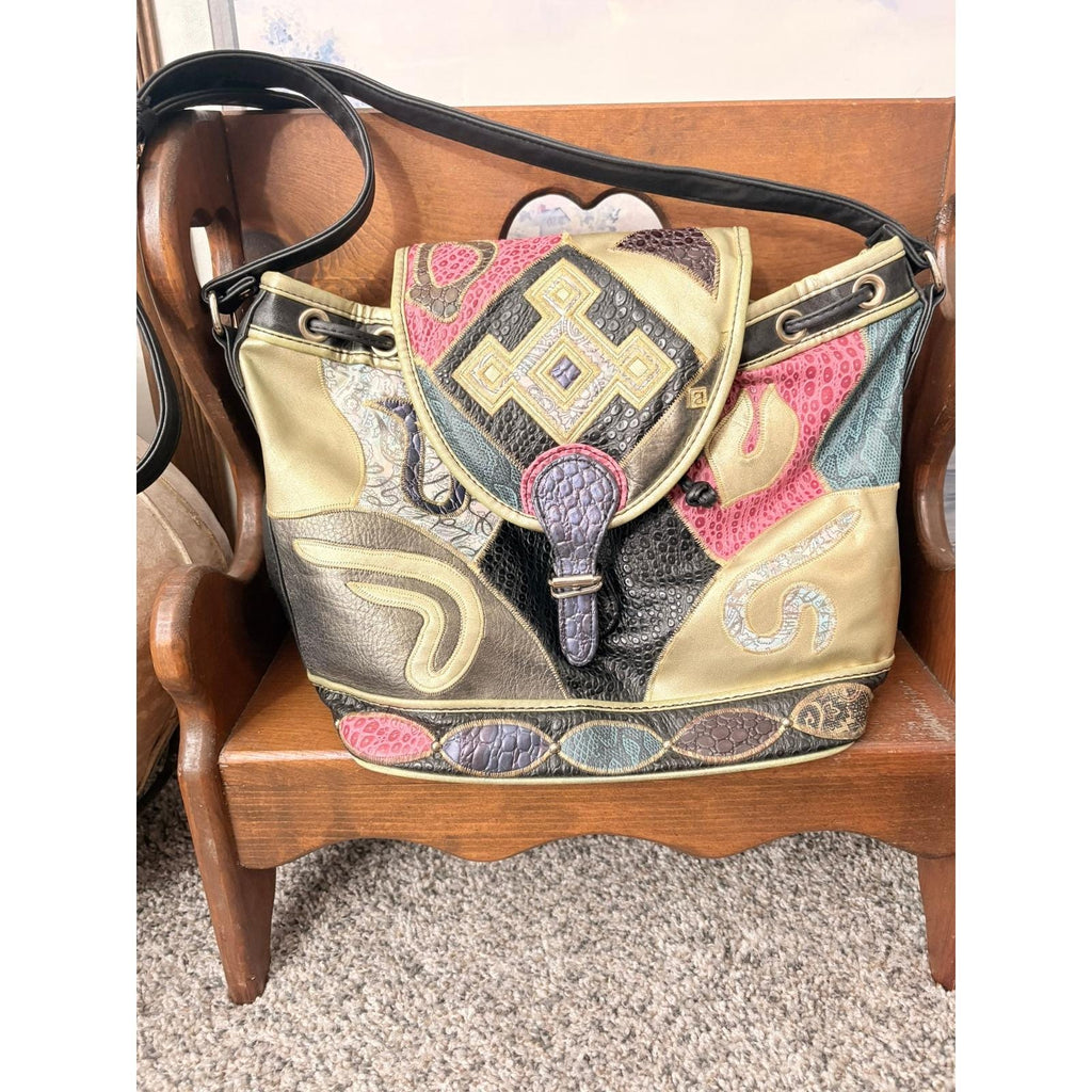 1980s Vintage NAS Bucket Bag: Leather Patchwork Crossbody Bag